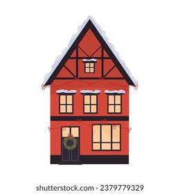 Winter house with Christmas decoration. The European facade of the building, with a festive ornament of bows, and a Christmas wreath. Flat vector illustration isolated on white background.	