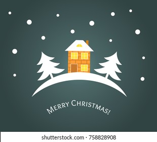Winter house Christmas greeting card. Vector illustration