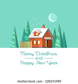 Winter house. Christmas and Happy New Year greeting card. Flat vector illustration.