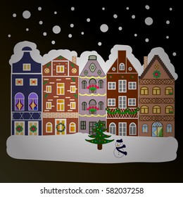 Winter house. Christmas and Happy New Year greeting card. Flat Vector illustration.