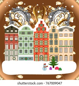 Winter house. Christmas and Happy New Year greeting card. Flat Vector illustration.