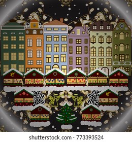 Winter house. Christmas and Happy New Year greeting card. Flat Vector illustration.