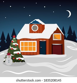 Winter house with Christmas night with Christmas tree and snowman, color vector illustration in flat style, banner, poster, design, decoration