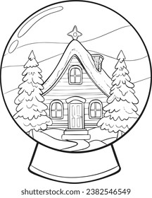 Winter House. Christmas Snow Globe. Coloring Page for Adults and Kids. Hand drawn. 