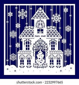 Winter house with Christmas tree and snowflakes. Template for laser cutting of any materials. For the design of Christmas and New Year cards, invitations, sho