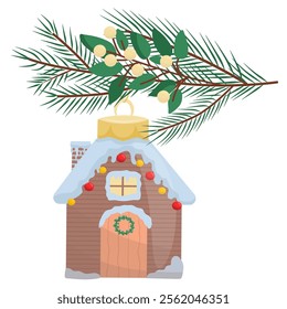 Winter house. Christmas tree toy in the form of a wooden house on a spruce branch. An ideal element for a festive mood. Vector illustration for a poster, greeting card and design for children.