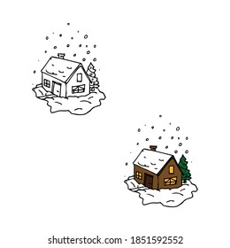 Winter house with a Christmas tree vector illustration in color and outline sketch style
