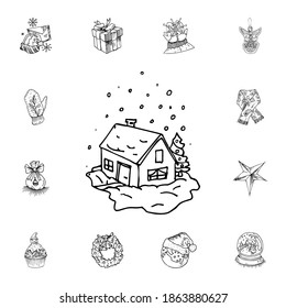 Winter house with a Christmas tree vector illustration in color and outline sketch style on white background