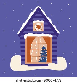 Winter house. Christmas tree in the window, glowing garlands. Christmas Eve or New Years Eve. Celebration. Colorful vector illustration hand drawn on blue background