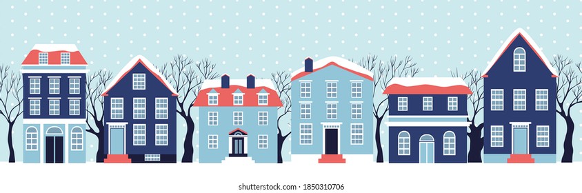 Winter house collection. Vector image of the blue christmas houses covered with snow. Holiday and celebration,winter architecture. Set of isolated decorated buildings for 2021 new year