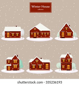 Winter house collection. Vector image of the red brick christmas houses covered with snow. Winter background with cartoon houses. Winter time. 