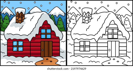 Winter House Coloring Page Colored Illustration