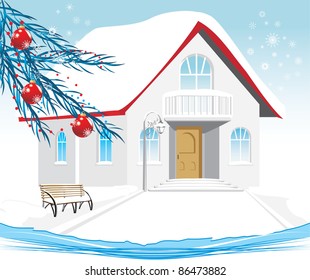 Winter house. Composition for Christmas card. Vector