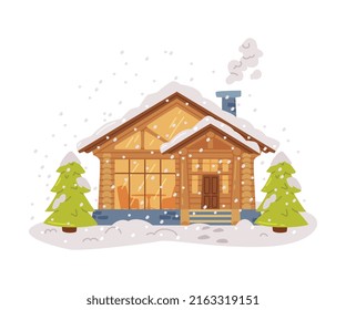 Winter House and Country Cottage with Roof Covered with White Snow and Lighting Window Vector Illustration