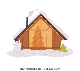 Winter House and Country Cottage with Roof Covered with White Snow and Lighting Window Vector Illustration