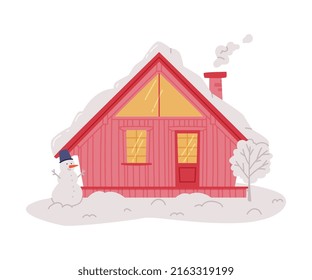 Winter House and Country Cottage with Roof Covered with Snow and Tree in the Yard Vector Illustration