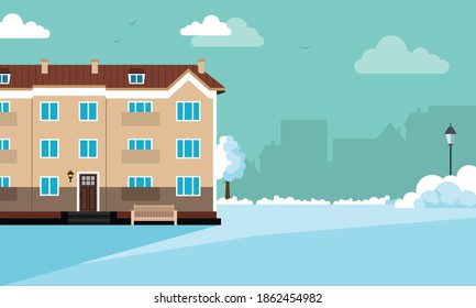 Winter house in a cozy snowy city panorama. Winter Christmas landscape for banners, greeting cards, 
and ads. Vector flat illustration for background with space for text. 
