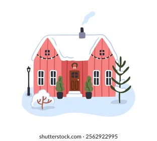 Winter house decorated for Christmas. Small festive cottage, chimney, garlands decor, wreath over door, cozy decoration for holiday, snow on roof. Flat vector illustration isolated on white background