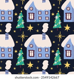 Winter house, decorated Christmas tree seamless pattern. Christmas endless ornament. New Year abstract trend background. Country night winter landscape.