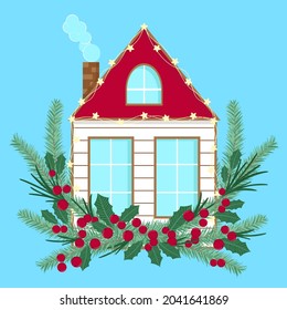 Winter house decorated with fir branches, berries and lights. Festive New Year and Christmas house with garland. Winter fairy tale, cozy cute cottage, vector flat illustration.