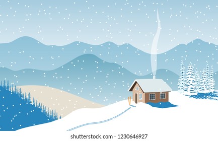 Winter with house, distant mountains, skies, snow, Snow flurry, sun light, chimney smoke, forest, ski run