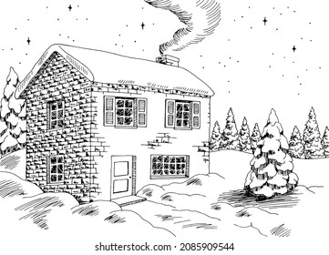 Winter house exterior graphic black white fir tree landscape sketch illustration vector 