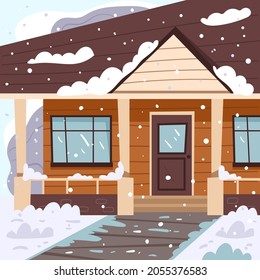 Winterhaus-Fassade Haustür innen. handgezeichnete Vektorgrafik
