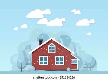 Winter house facade. Traditional cottage. Vector illustration eps 10
