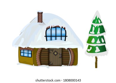 Winter house and first isolated on white background. Christmas house with snow on the house roof. Santa Claus house covered with snow. Merry Christmas and a happy New Year. Stock vector illustration