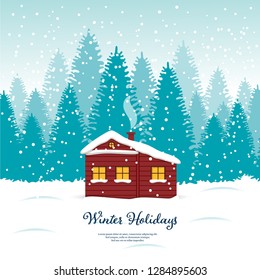 Winter house in the forest with falling snow. Vector Illustration with modern text.