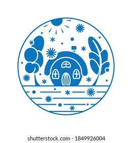 Winter house in garden. Silhouette. Beauty in nature. Image of the silhouettes of sun, houses, trees and falling snowflakes. The color of objects is blue. Design element. Vector illustration.