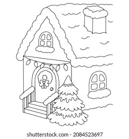 Winter house with garlands and a tree. Coloring book page for kids. Cartoon style. Vector illustration isolated on white background.