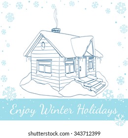 Winter house. Hand-drawn vector line art Illustration isolated on white background