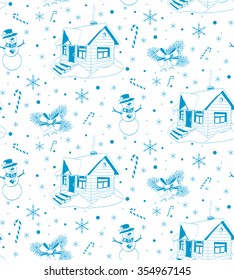 Winter house. Hand-drawn vector seamless pattern
