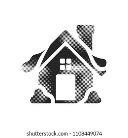 Winter house icon in halftone style. Black and white monochrome vector illustration.
