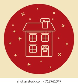 Winter house icon in thin line style. Festive home with wreath symbol in round frame.