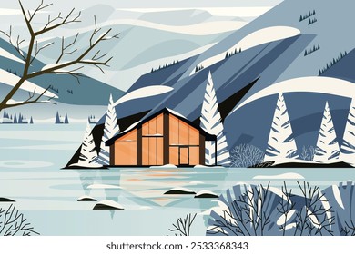 Winter house landscape. Cartoon snowy winter forest with frozen trees and snow on ground, winter scene background with wooden cabin. Vector illustration.