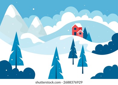 Casa de invierno con paisaje. Linda Ilustración vectorial en estilo plano