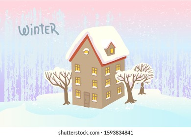 Winter house. Landscape with mountain and fir-trees. Christmas snowy weather. Hand drawn inscription. Wonderland at countryside with snow covering. Vector cartoon illustration concept.