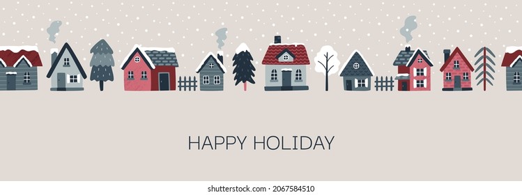 Winter house landscape. Vector seamless border with cozy houses, spruces, trees. Christmas holidays. Northern village. Hand drawn illustration. Scandinavian style.