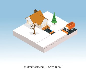 Winter House Maintenance with Snow Removal Truck and Worker in Driveway 3d isometric vector illustration