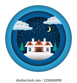 Winter house in the middle of a night, Styles paper art design.