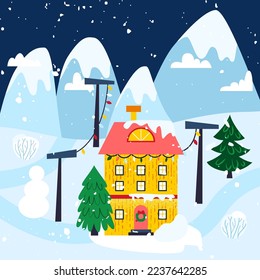 Winter House Night Mountains. Vector Illustration of Seasonal Greetings. Holiday Celebration.