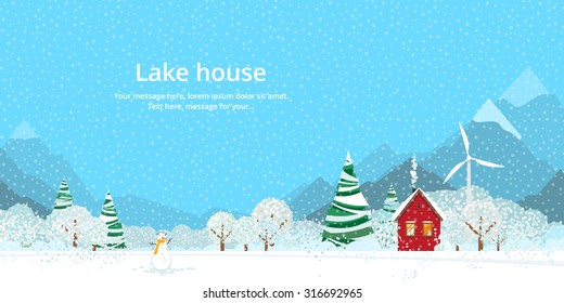 Winter, house on the lake in the mountains
