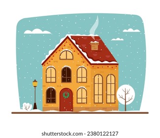 Winter house on sky background