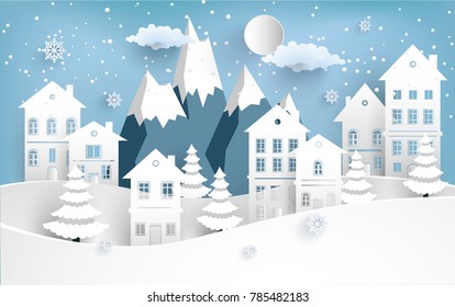 winter and the house on the snowy hill. paper cut design