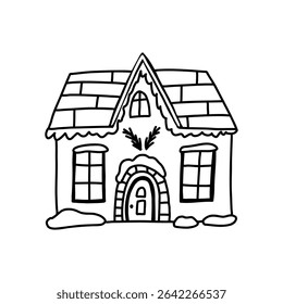 WInter house outline doodle, vector illustration isolated on white background. Cute hand drawn house with snow and Christmas decoration.