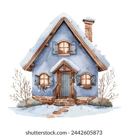 winter house poster vector illustration in watercolour style