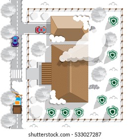 Winter house. Private courtyard. View from above. Vector illustration. 