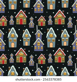 Winter house seamless pattern. Cute snowy houses on a dark background. Vector illustration for fabric, background, packaging, wrapping paper